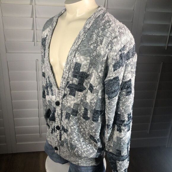 Vtg 90s Men's Michael Gerald Cardigan Acrylic Sweater M Gray White Blue Grandpa - Picture 6 of 12